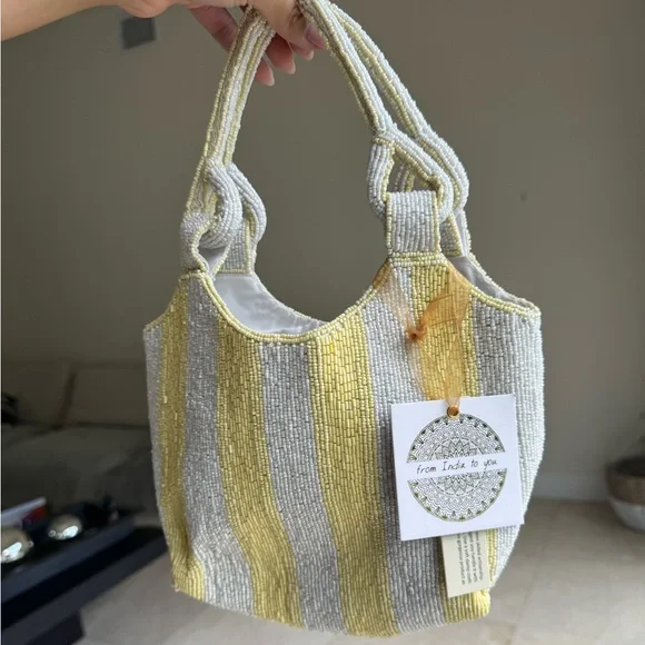 Handmade Yellow & Silver Beaded Tote Bag – Knotted Handle Detail - Picture 3 of 6